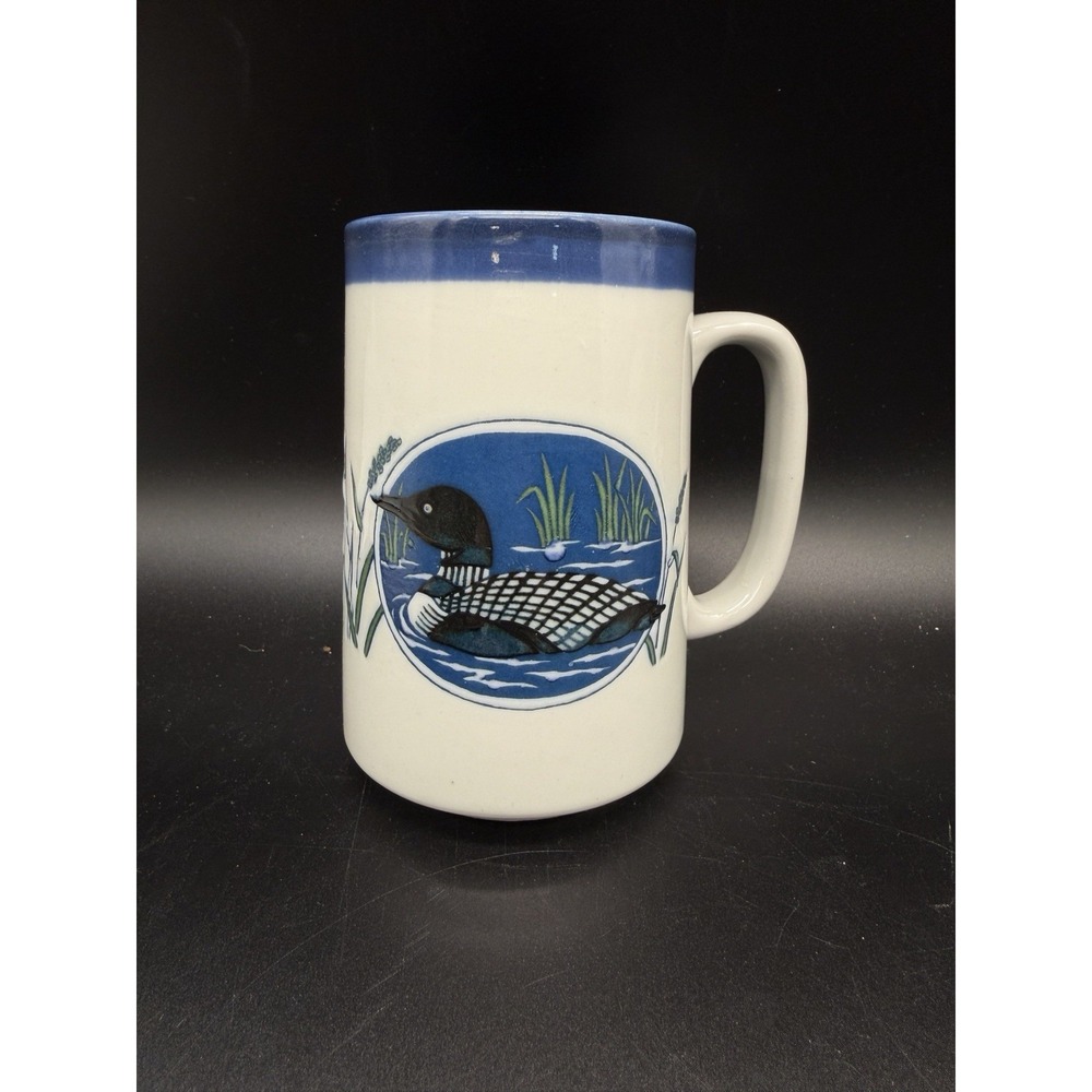 Tall Otagiri Ceramic Mug Blue White Loon Reeds Japan Decorated Handle Embossed